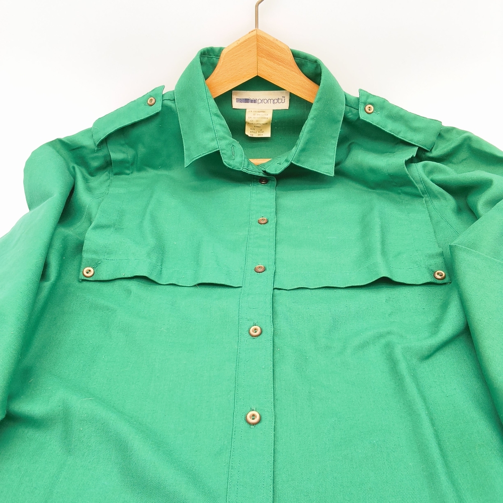 Vintage 80s Impromptu Emerald Green Safari Capelet Blouse - Picture 2 of 7